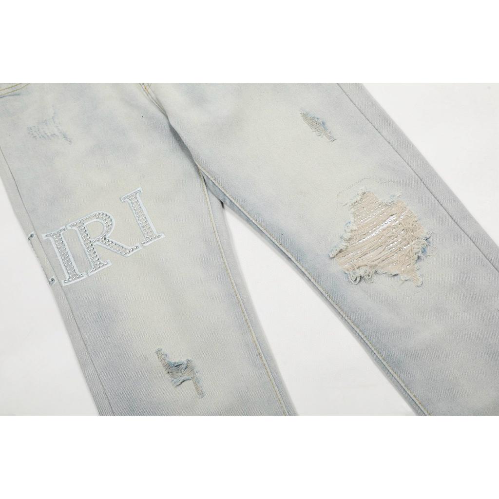 Amiri Trendy American Style Internet Famous Jeans with Fabric Patches, Torn Holes, Embroidery, Casual Trendy High Street Pants