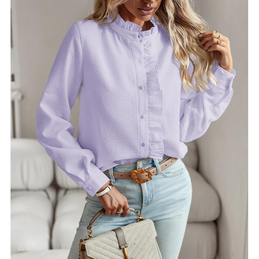 Stand-up Collar Autumn Wood Ear Cardigan Ruffled Long-sleeved Bubble Top Women's Shirt