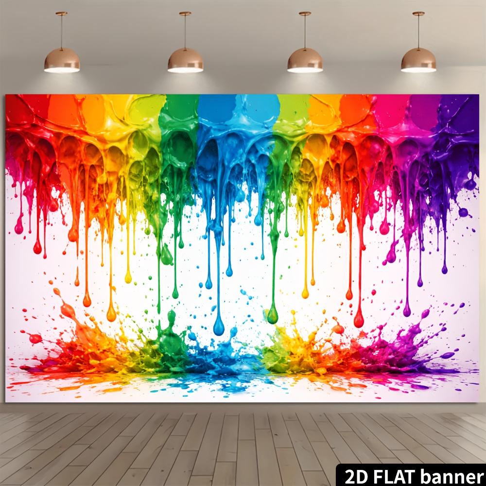2D Plane Background Cloth Featuring the Theme of Rainbow Pigment Droplets and Splashes with a Dazzling Fluid Artistic Texture