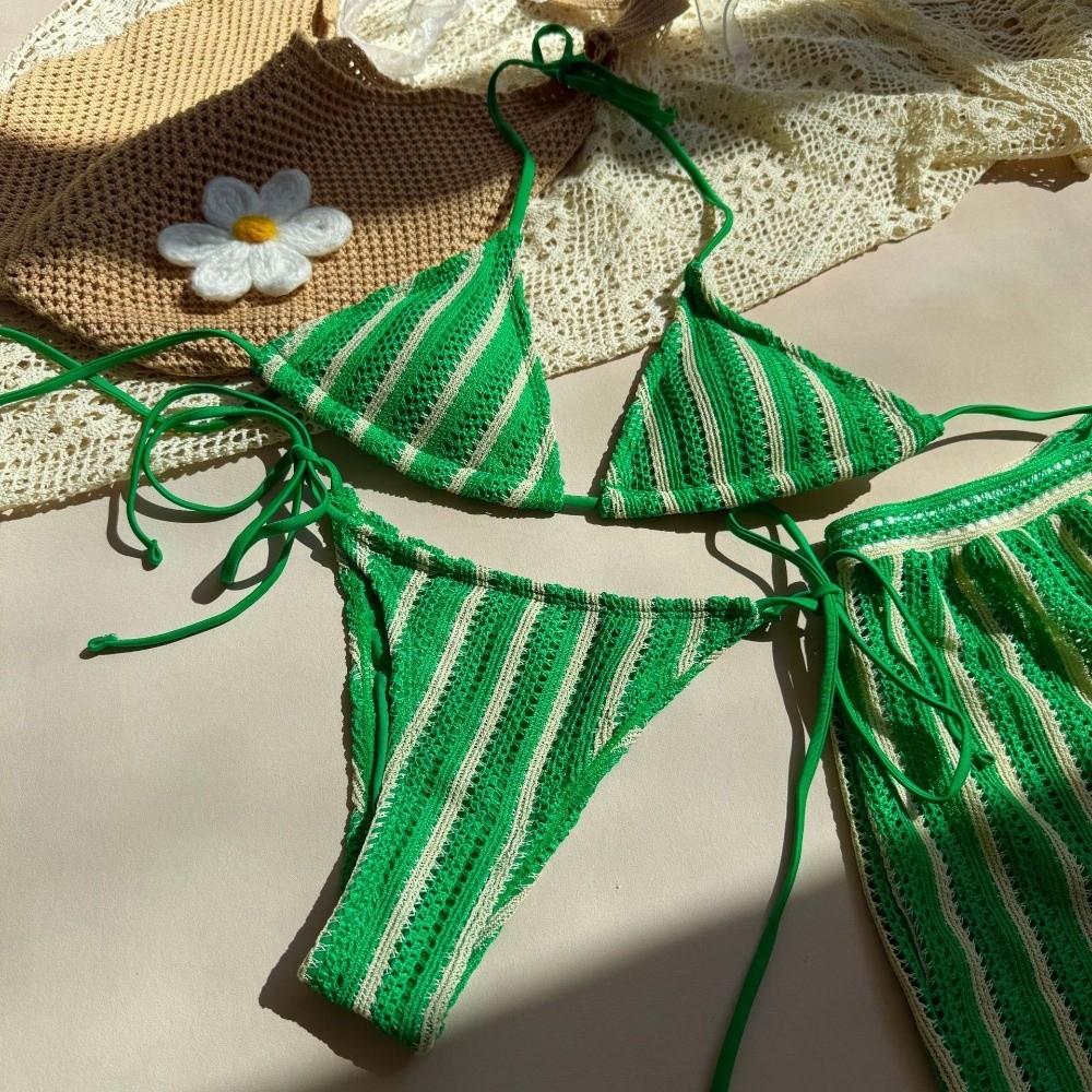 Lace Up Bikini Bathing Suit Sleeveless Knitting Swimsuit Fashion 3 in 1 Swimwear Set Beach