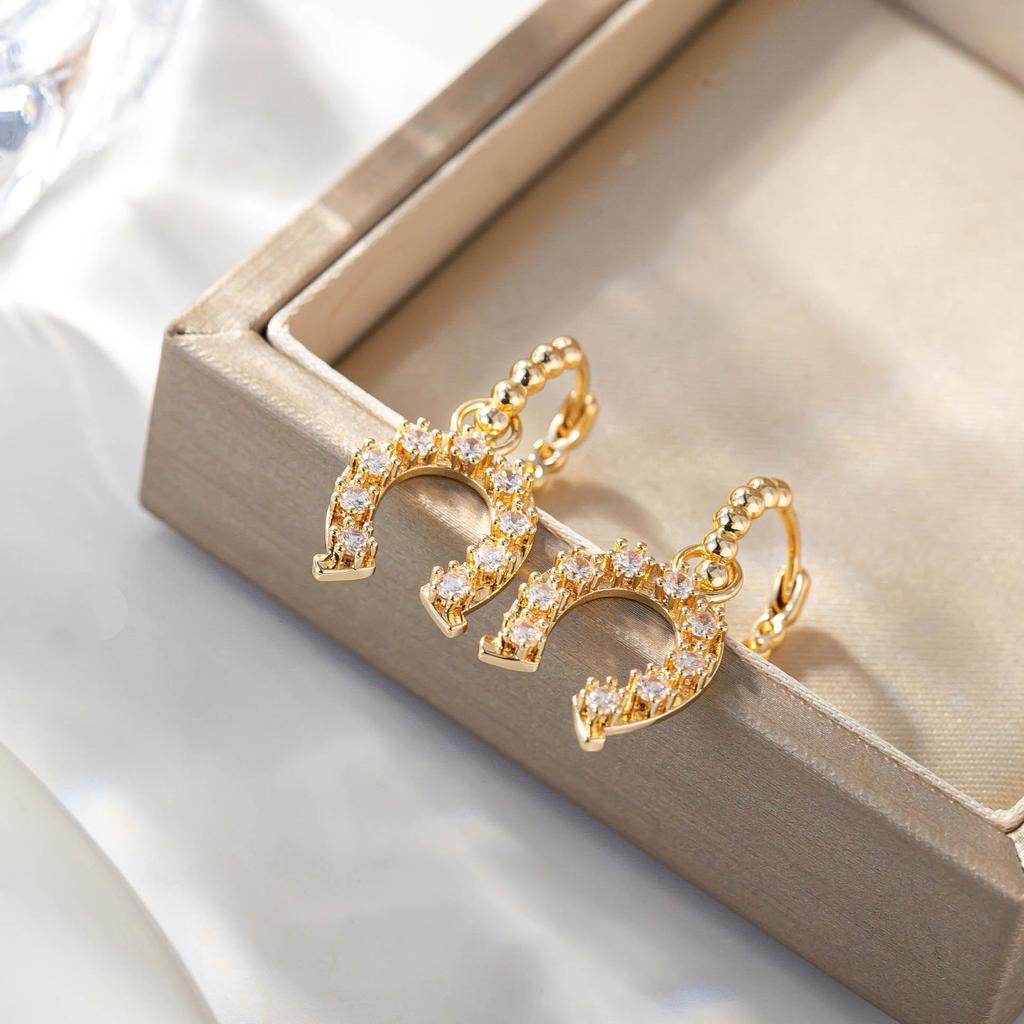 Elegant Zirconia Stud Earrings with Horseshoe Buckle - High-end European & American Socialite Style
