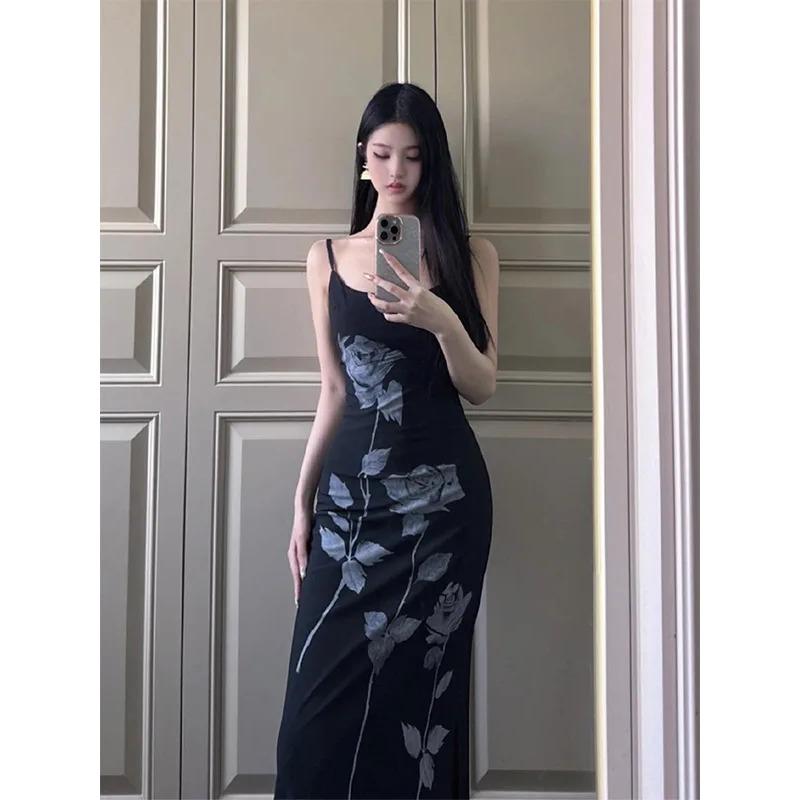 French New Women Style Rose Print Slim Design Suspender Dress Chinese Style Skirt