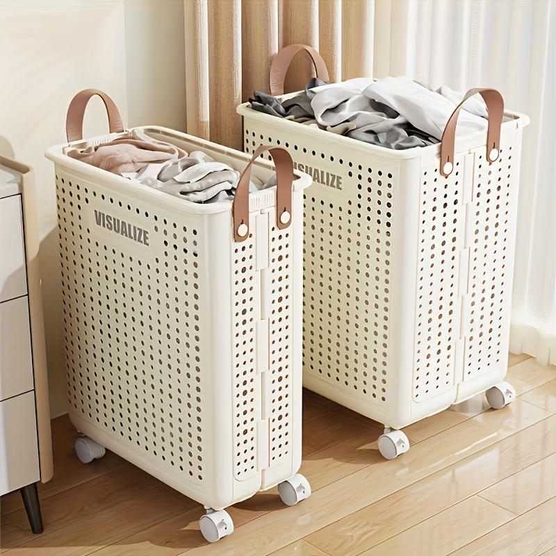 Laundry Basket with Wheels Foldable, Collapsible Hamper with Multi Compartments, Portable Clothes Bin Storage Organizer