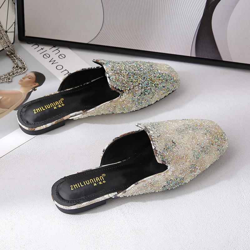 

Баотоу полубосоножки женские на плоской подошве для улицы модные полубосоножки с яркими бриллиантами одинарные туфли сандалии женская обувь больших размеров 43 чёрный