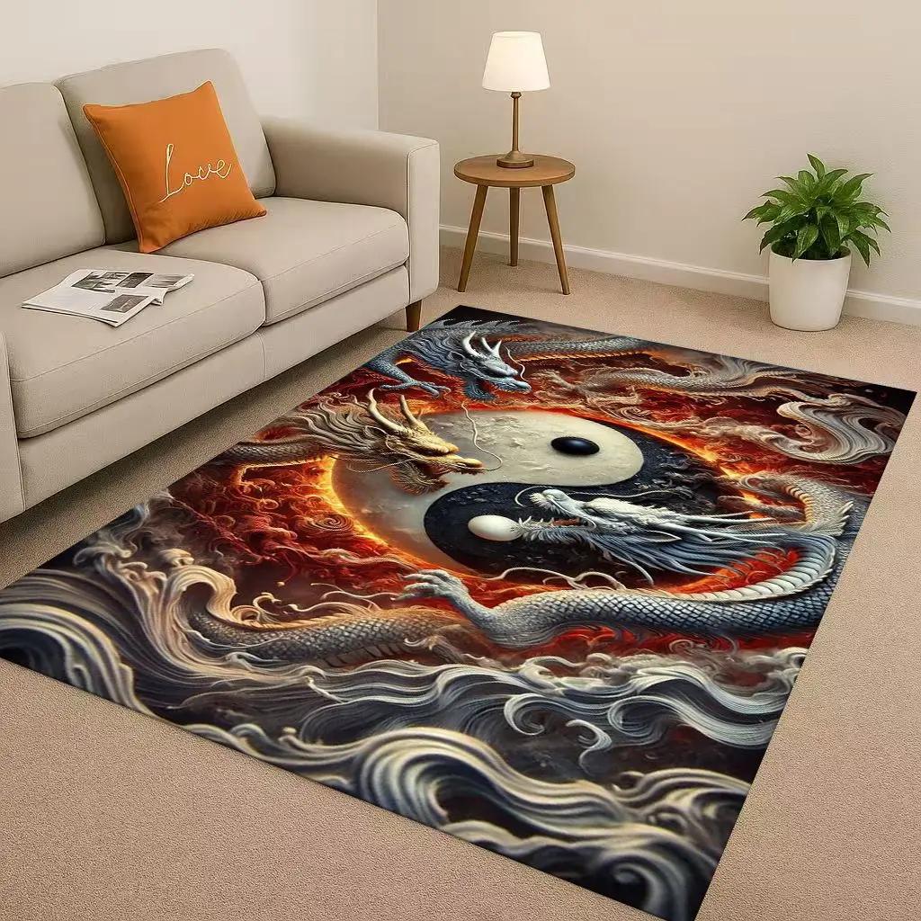 Cartoon Yin Yang Element Dragon Chinese Loong Living Room Non-Slip Area Rug Carpet for Bedroom Playroom Sofa,Home Decor Doormat