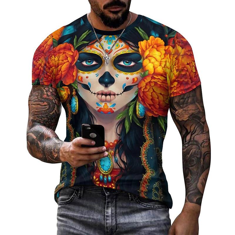 Summer Round Neck 3D Mexican Day of the Dead Skull Pattern Print Top Fashionable Casual Short Sleeved Men's T-shirts