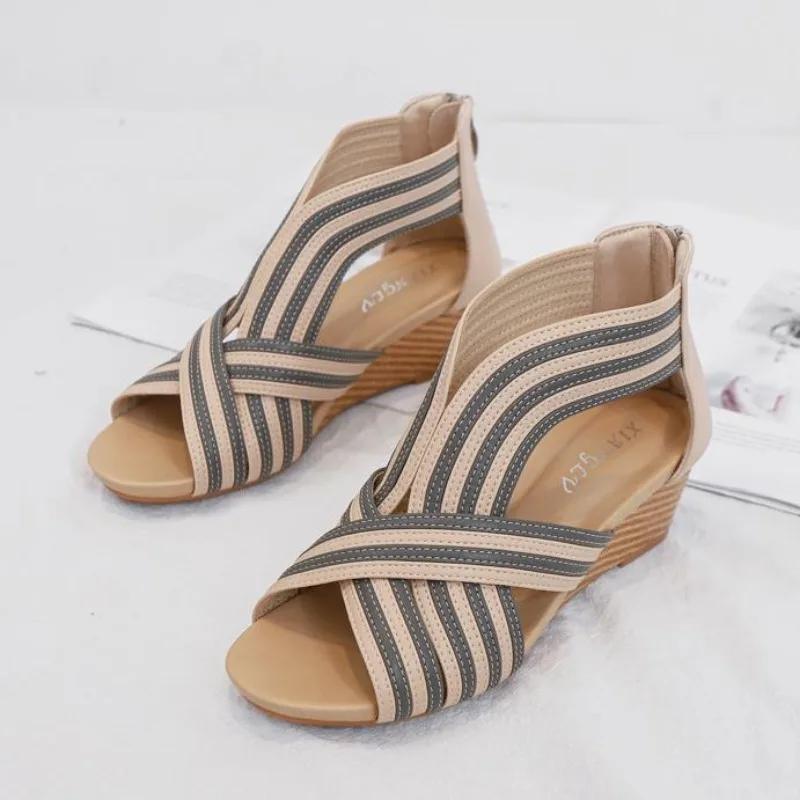 Fashion Women's Bohemia Fish Mouth Wedge Sandals Platform Gladiator Shoes with Zipper Summer PU Jelly Shoes for Women Flat Sandals