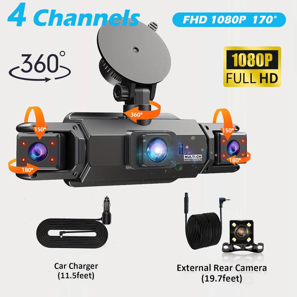 2025 New Car Dash Cam 4 Channel Driving Camera with WiFi 1080P Front Left Right Rear Night Vision Loop Recording Black Box Car Assecories