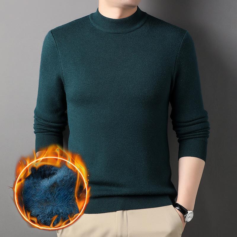 Autumn and Winter Men's Sweater Half-height Round Neck Solid Color Knitted Sweater Elastic High-quality Plush Thickened Bottoming Shirt
