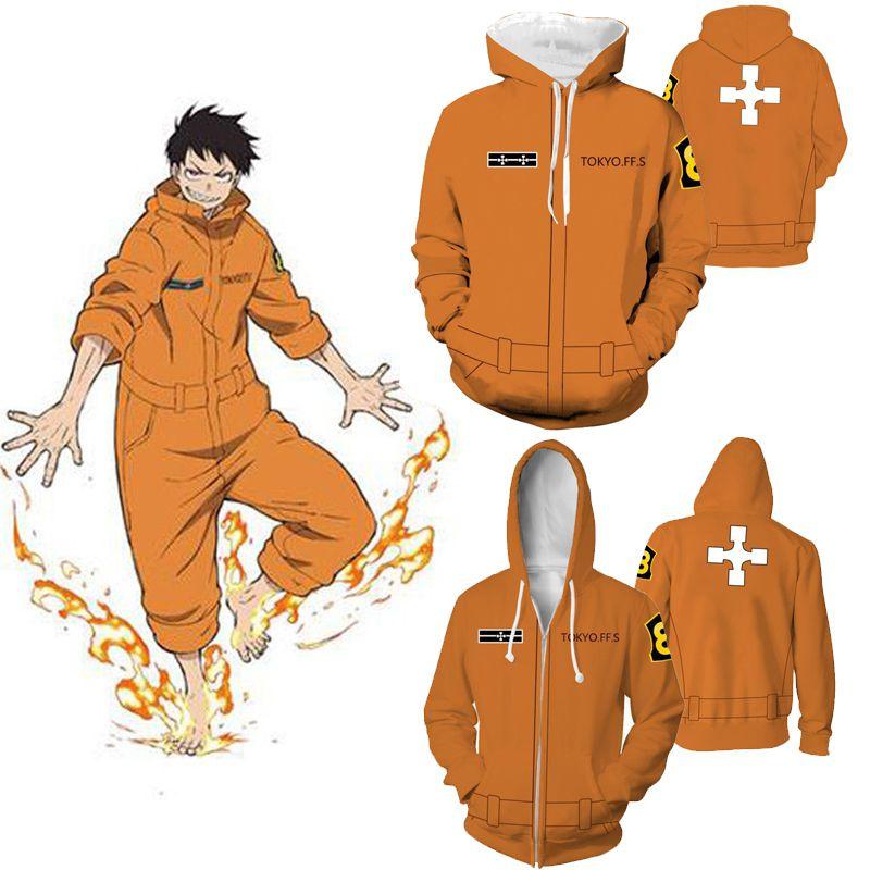 Fire Force Anime Men Hooded Zipper Sweatershirts Hoodie Pullover Cosplay Costume