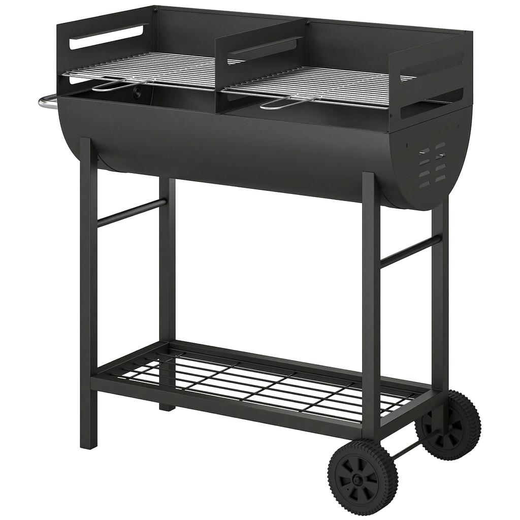 Charcoal Barbecue Grill with 2 Cooking Areas, Portable BBQ Trolley with Wheels, Height Adjustable Grates, Bottom Shelf