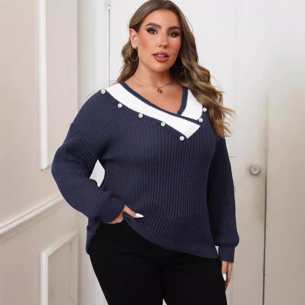 Imitation Pearl Bead Top European and American Large-size Women's Clothing Contrasting Color Splicing Large V-neck Loose Woven Sweater Sweater