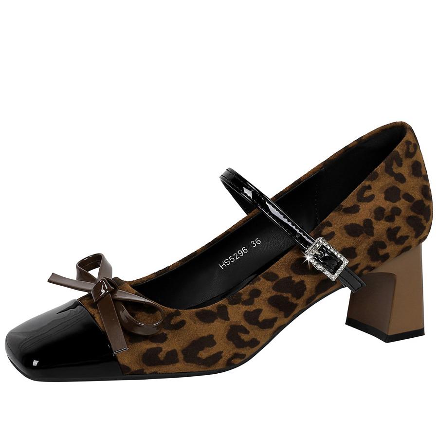 New leopard print Women Pumps bowknot Mary Jane shoes Square Suede Thick Heel Ladies shoes Rhinestone buckle Women heels 5 CM