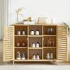 Bamboo Slatted Shoe Storage Cabinet, 2 Doors, Shelves, Open Compartments, 100x33x86cm, Natural