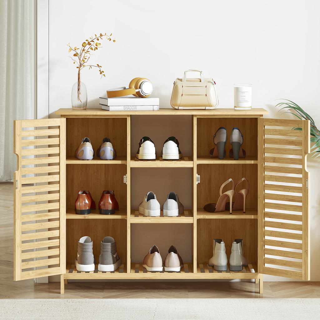 Bamboo Slatted Shoe Storage Cabinet, 2 Doors, Shelves, Open Compartments, 100x33x86cm, Natural