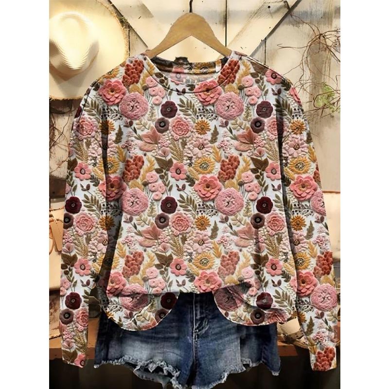 Ladies' Floral Print Round Neck Long Sleeved T-shirt Fashionable Casual Top Christmas Outfit Pullover Clothing