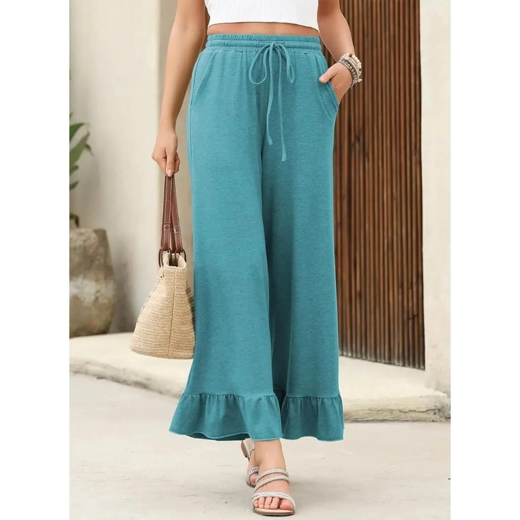 Summer New Loose Casual Thin Home Pants Women's Nine Points Pants Can Wear outside Lotus Leaf Edge Pants Comfortable Home Clothes