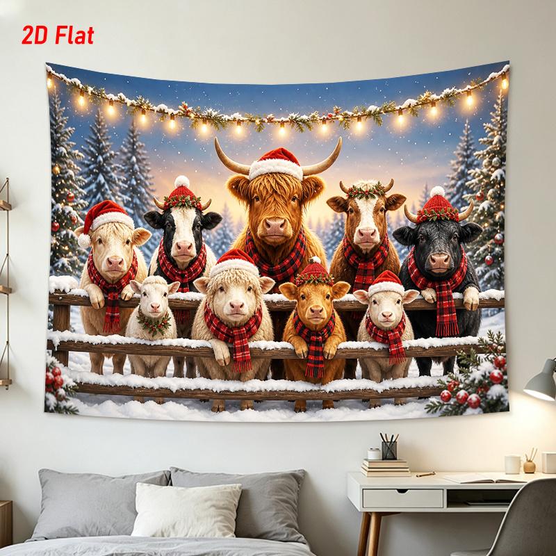 1Pc Christmas Cows Santa Hats Tapestry Wall Hanging, Decorative Fabric Poster for Bedroom, Living Room, Dorm & Home Decor