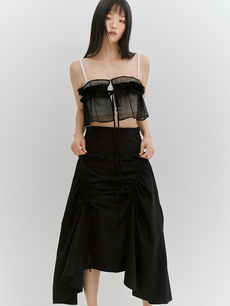 Minderly Shirring Ribbon Long Skirt - Black