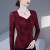 2025 Spring/Autumn Rose Print Square Neck Mesh Blouse - Long Sleeve Women's Fashion Top