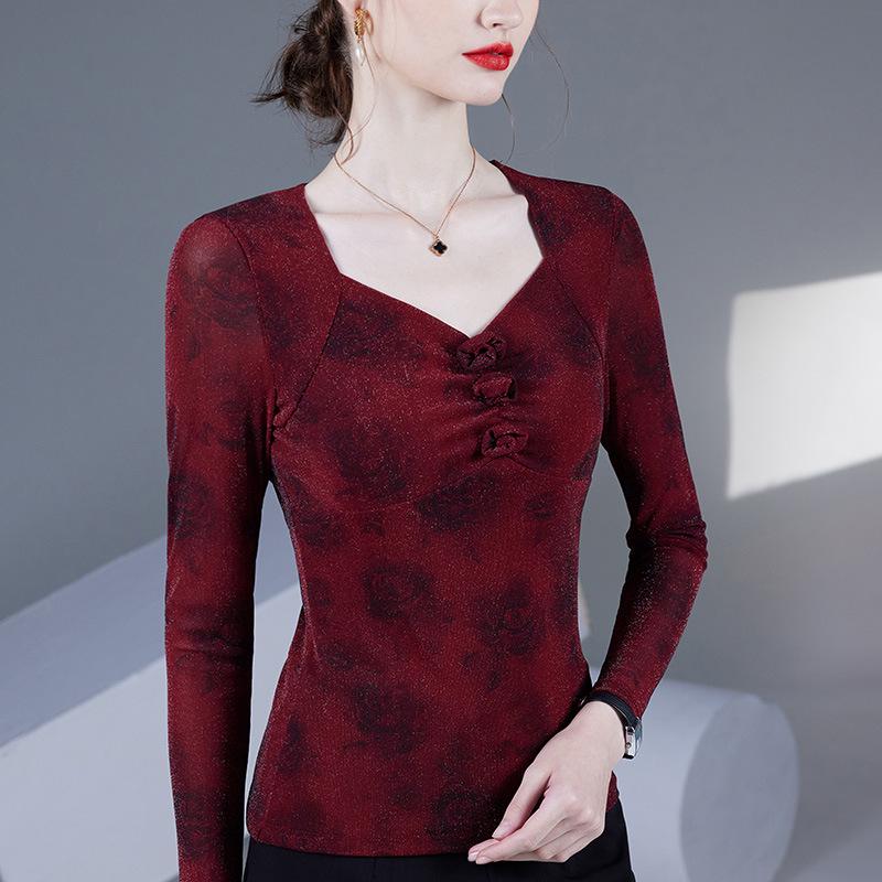 2025 Spring/Autumn Rose Print Square Neck Mesh Blouse - Long Sleeve Women's Fashion Top