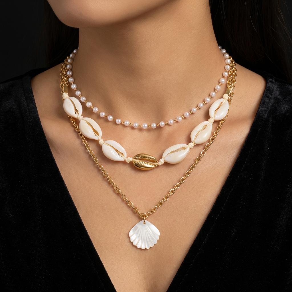 Bohemian Multi-layer Starfish Shell Pendant Necklace for Women Beach Imitation Pearl Metal Beads Choker Neck Chain Party Jewelry