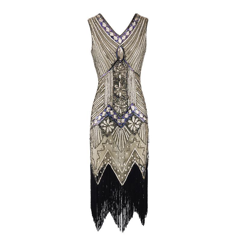 Retro Sequined Beaded Dress Front and Rear Deep V-neck Fashionable Fringed Dress, Popular Evening Dress