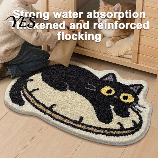 Anti-slip Floor Mat Plush Bathroom Rug, Non-Slip Absorbent Fluffy Mat, Cute Sturdy Black Cat Door for Entrance Bedroom Living Room Wear-resistant