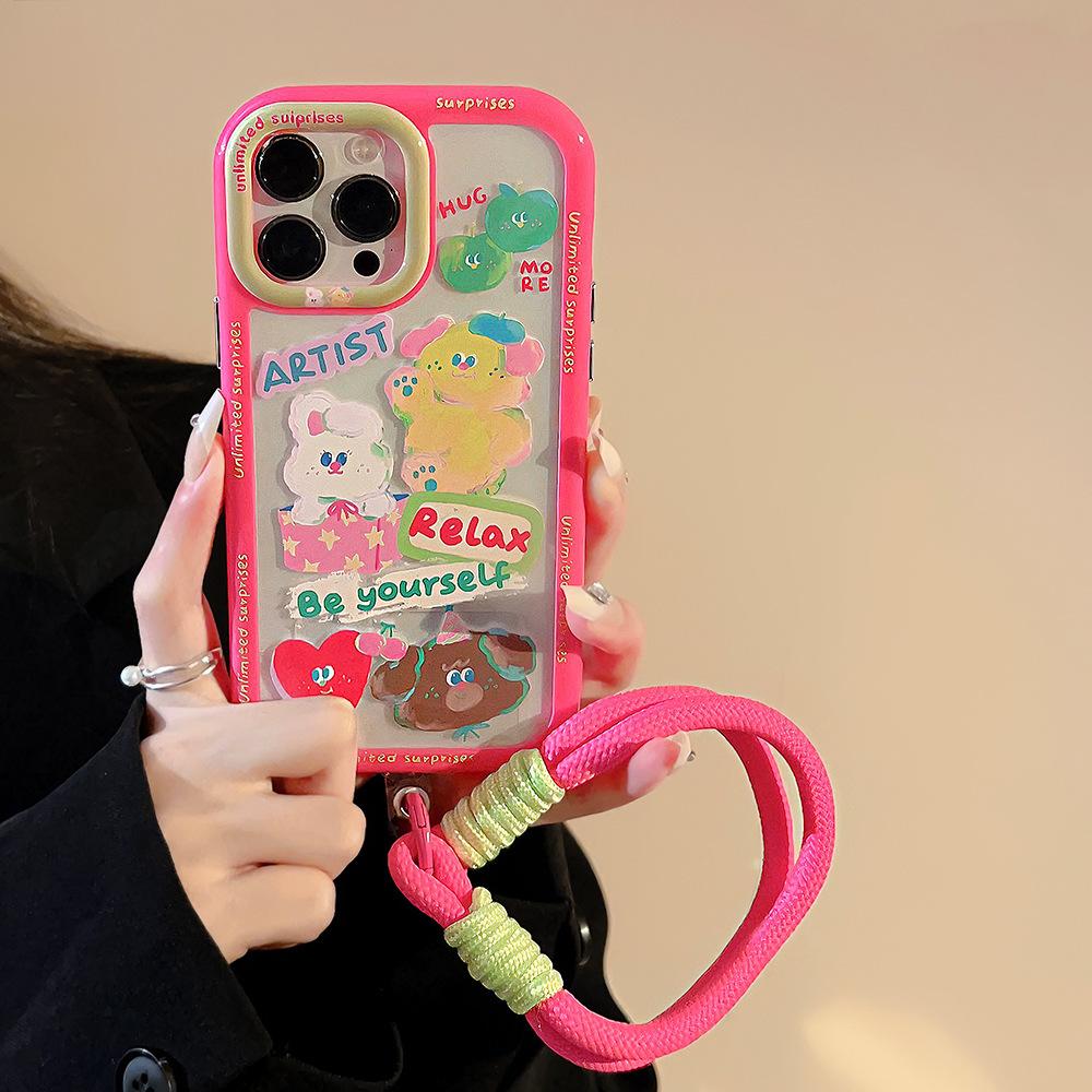 Applicable To 16 Mobile Phone Case Apple 14 ProMax Oil Painting Cute Graffiti IPhone 15 Bracelet 13 Acrylic Magnetic Suction