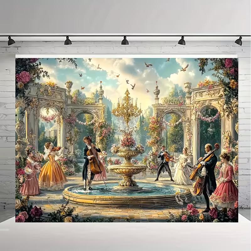 Elegant Rococo Garden Tapestry, 18th-Century Musicians Performing in a Flower-Filled Palace Courtyard, Ornate Vintage Wall Art