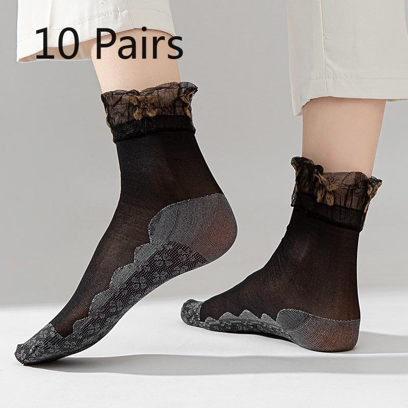 10 Pairs of Women's Summer Thin Floral Lace Cotton Bottom Loose Mouth Breathable Non Slip Socks