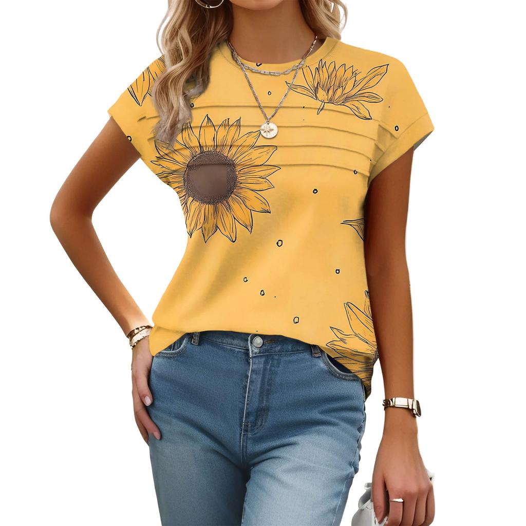 Damenmode Lässig Kurzarm Basic Textur Floral Rundhals T-Shirt Kappenärmel Top