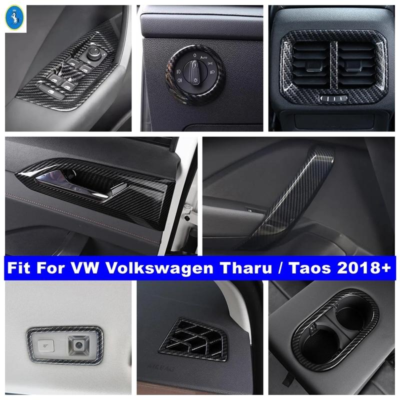 Auto Head Lights Switch / Water Cup Holder Cover Trim Accessories For VW Volkswagen Tharu / Taos 2018 - Carbon Fiber Look