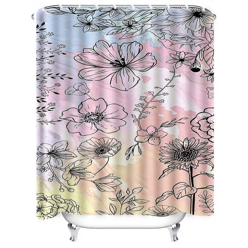 Pastel Floral Sketch Design Waterproof Shower Curtain Heat Resistant Machine Washable Non-Transparent 180x180cm