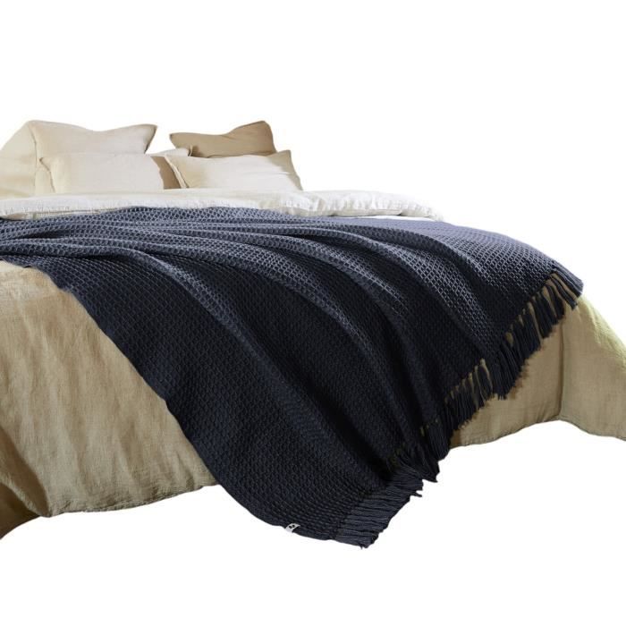 Couvre Lit - Gabin - Bleu Marine - 240 X 260 Cm - 100% PET - Franges 10 Cm