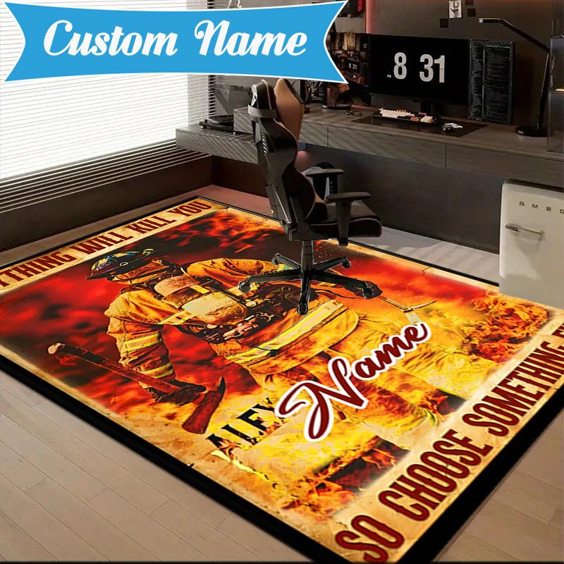 Custom Name Firefighter's Courage Rug for Living Room, Game Rooms, Office, Bedroom, Floor Mat Playful Design, fan gifts Christmas decor
