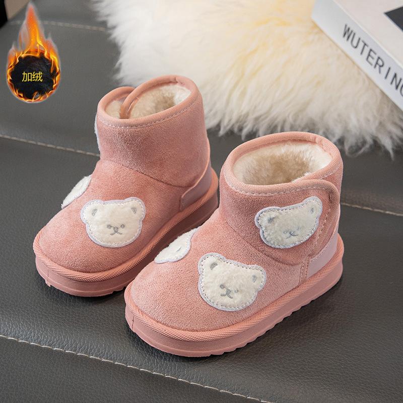 Kids Winter Short Boots Plush Lined Warm Suede Cartoon Cotton Boots Slip On Fashion Snow Boots