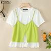 ZANZEA Womens Summer Round Neck Patchwork Short Sleeve T-shirts