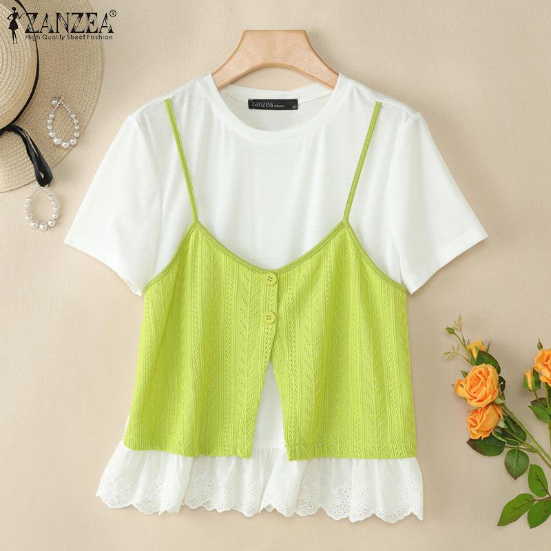 ZANZEA Womens Summer Round Neck Patchwork Short Sleeve T-shirts
