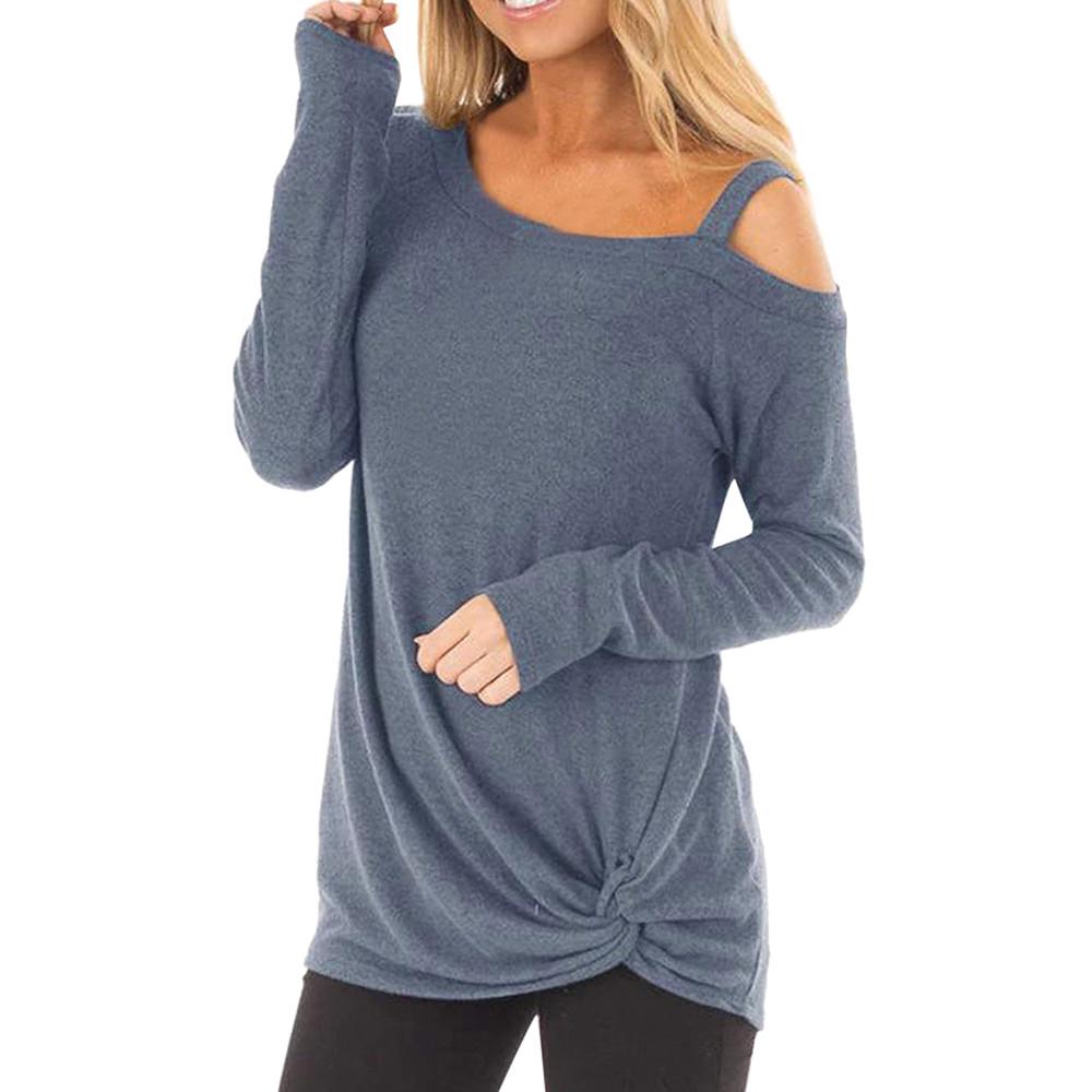 Womens Casual Soft Long Sleeves O Neck Knot Side Blouse Top T-Shirt