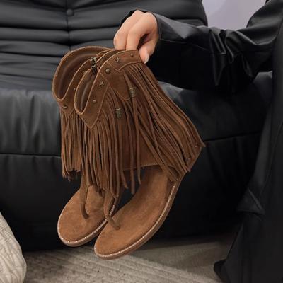 Roman Summer Rivet Fringed Cool Boots Female 205 New Slope Heel Toe Sandals Fairy Style with Skirt Medium Boots