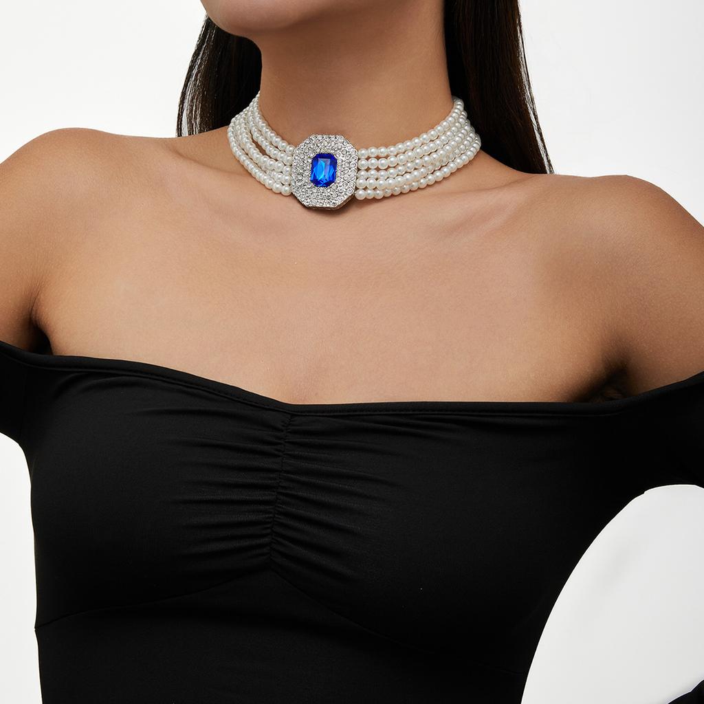 European and American French Retro Beaded Choker Necklace, Imitation Pearl Square Rhinestone Fashion Collar Jewelry for Women