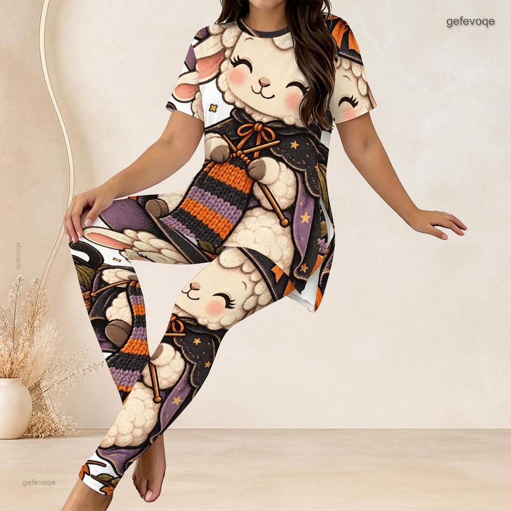 Women Plus Size Two Piece Set Round Neck Short Sleeve Cartoon Lamb Printed Top Fitted Long Pants