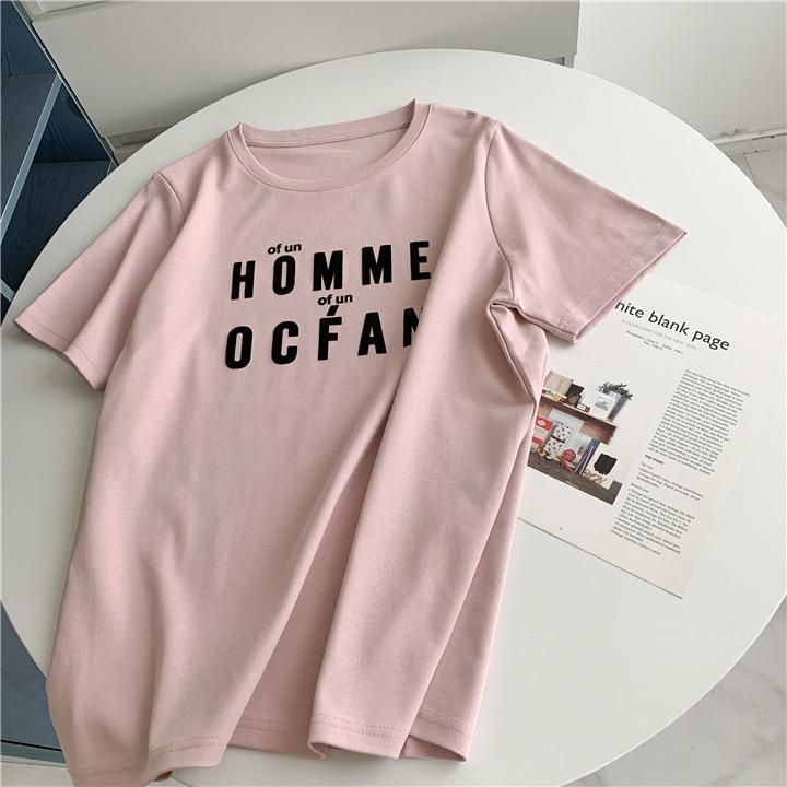 

Женская корейская флокированная однотонная футболка с короткими рукавами и круглым вырезом с надписью «Long» One Size розовый