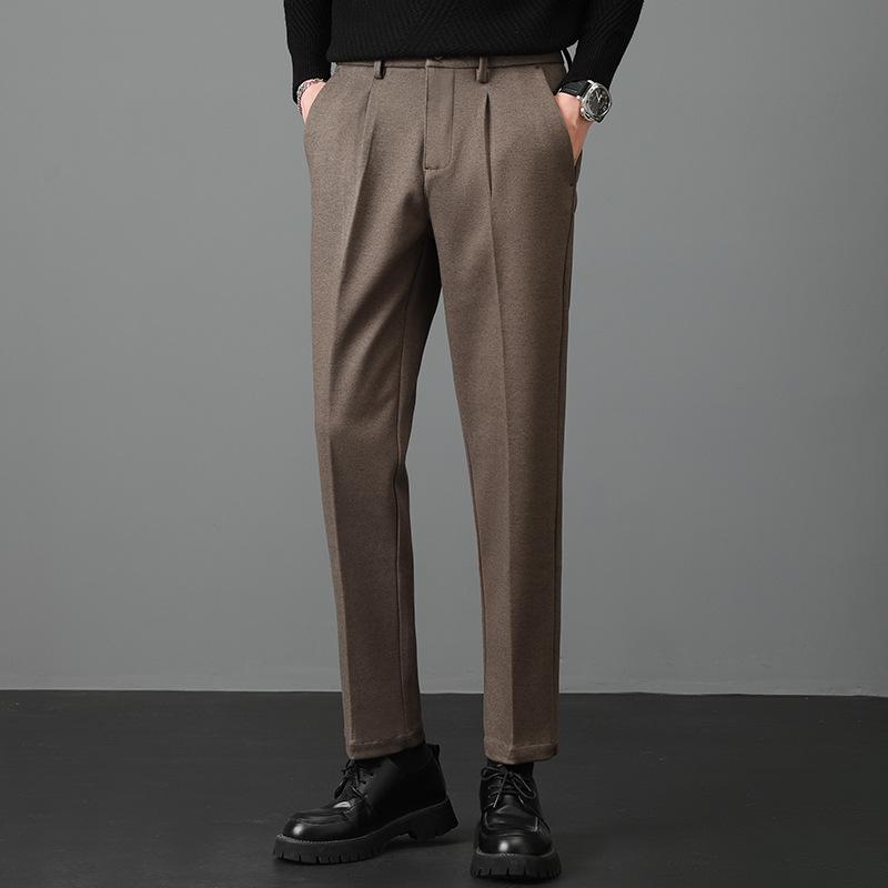 Light luxury winter woolen trousers men's casual pants men's slim straight trousers British elastic casual trousers nine points