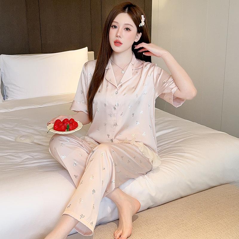Pajamas Women's Summer Ice Silk Short-sleeved Trousers Set High-end Hot Silver Bow Loungewear Thin Can Be Worn Outside