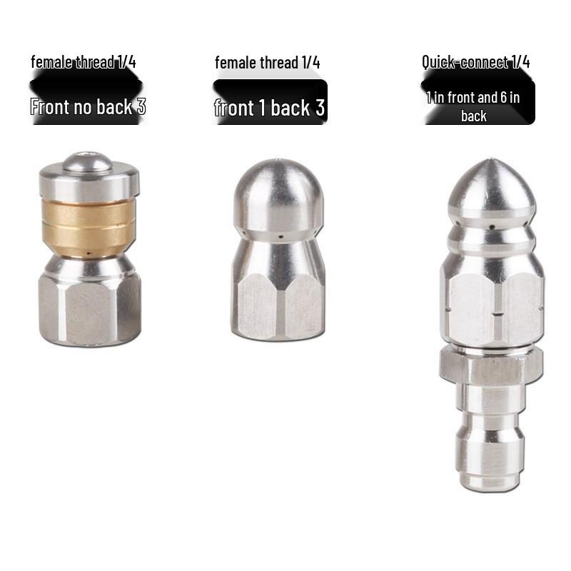 Stainless Steel High-Pressure Sewer Cleaning Nozzle, 1/4" Quick Connect, Pagoda Design with 1 Front and 6 Rear Jets