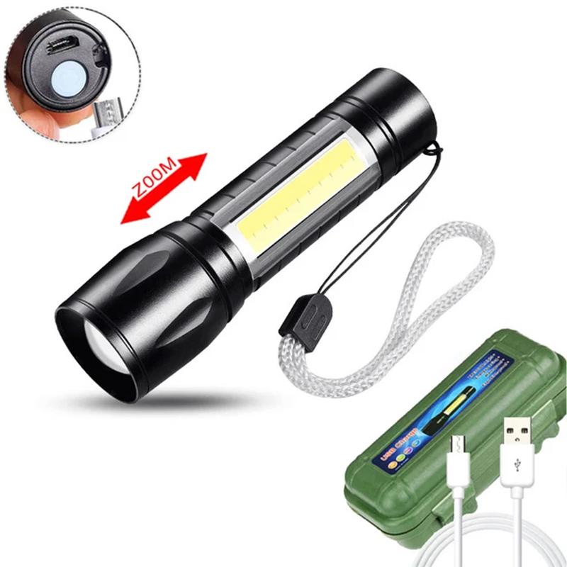 Mini LED Flashlight COB Work Light Portable Torch Rechargeable Camping Lantern Zoomable Tactical Flashlight for Camping Hiking