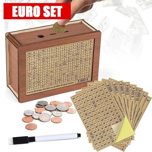 Euro Dollar Saving Money Box Handmade Wooden Cash Vault Piggy Bank with Money Goals Numbers for Kids Adults Gifts