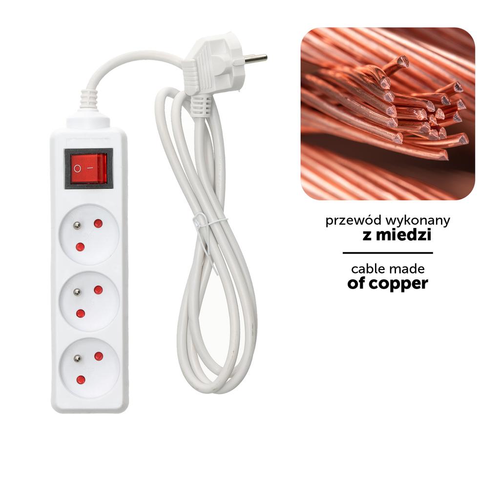 3-socket extension cord 1.5 with grounding and switch, white